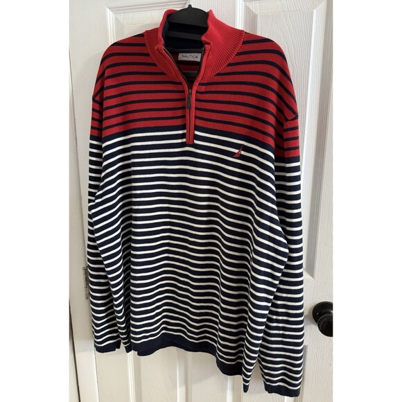 Men's XXL Nautica Striped Navy, White and Red Quarter Zip Long Sleeve Sweater - Picture 1 of 9